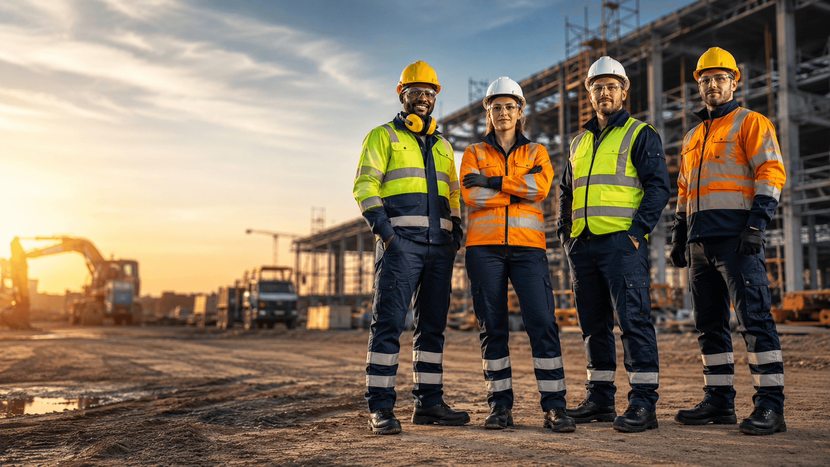 Industrial workers wearing protective workwear and PPE